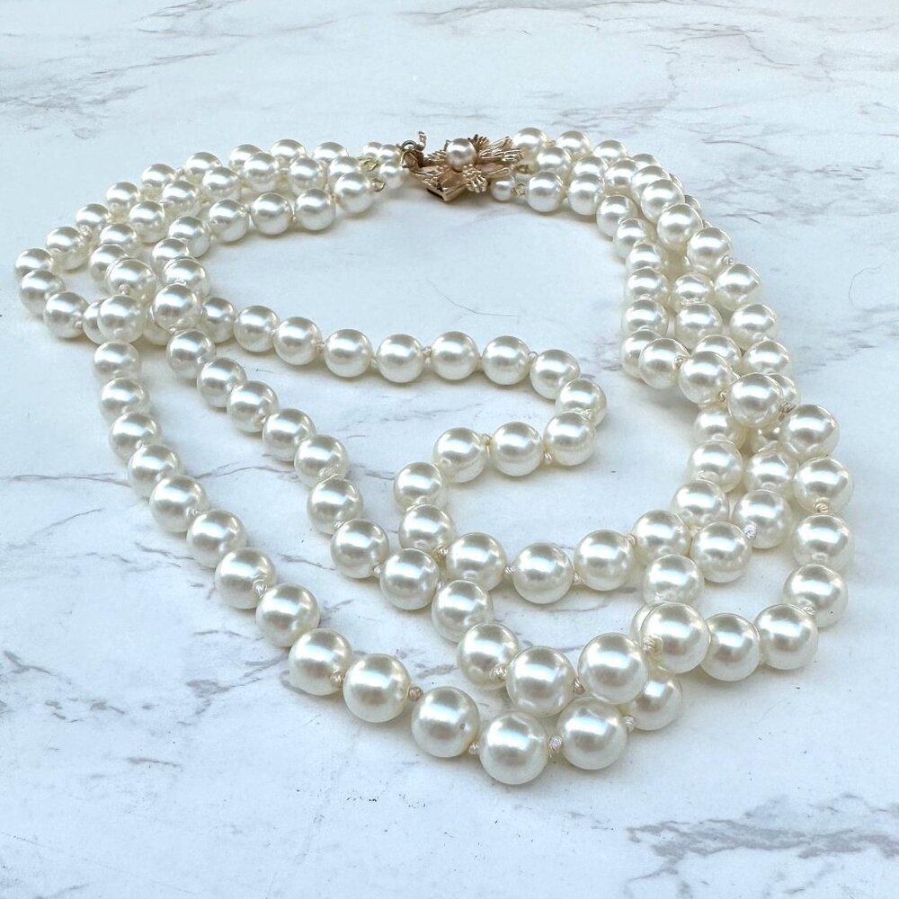 Faux Pearl Triple Strand Necklace With Gold Flower Clasp, Bridal Jewerlry, Gift - Picture 11 of 13